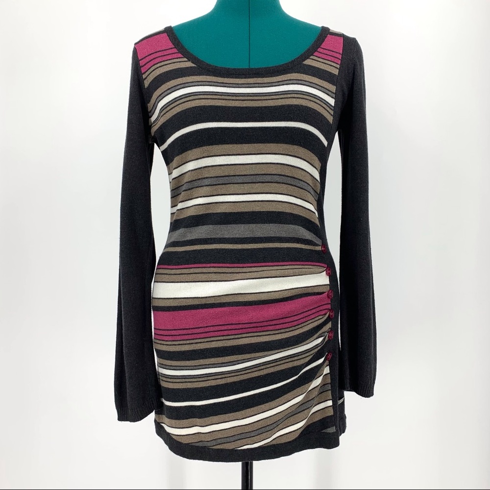 Point Zero Hip Length Stripes and Solid Sweater with Hip Ruching, Medium